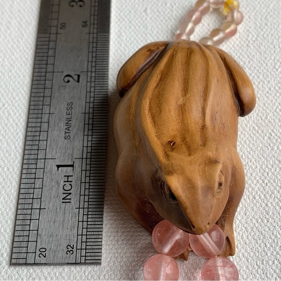 Antique Vintage Japanese Carved Wood Netsuke Frog Beaded Bracelet Finger Ring - Picture 13 of 14